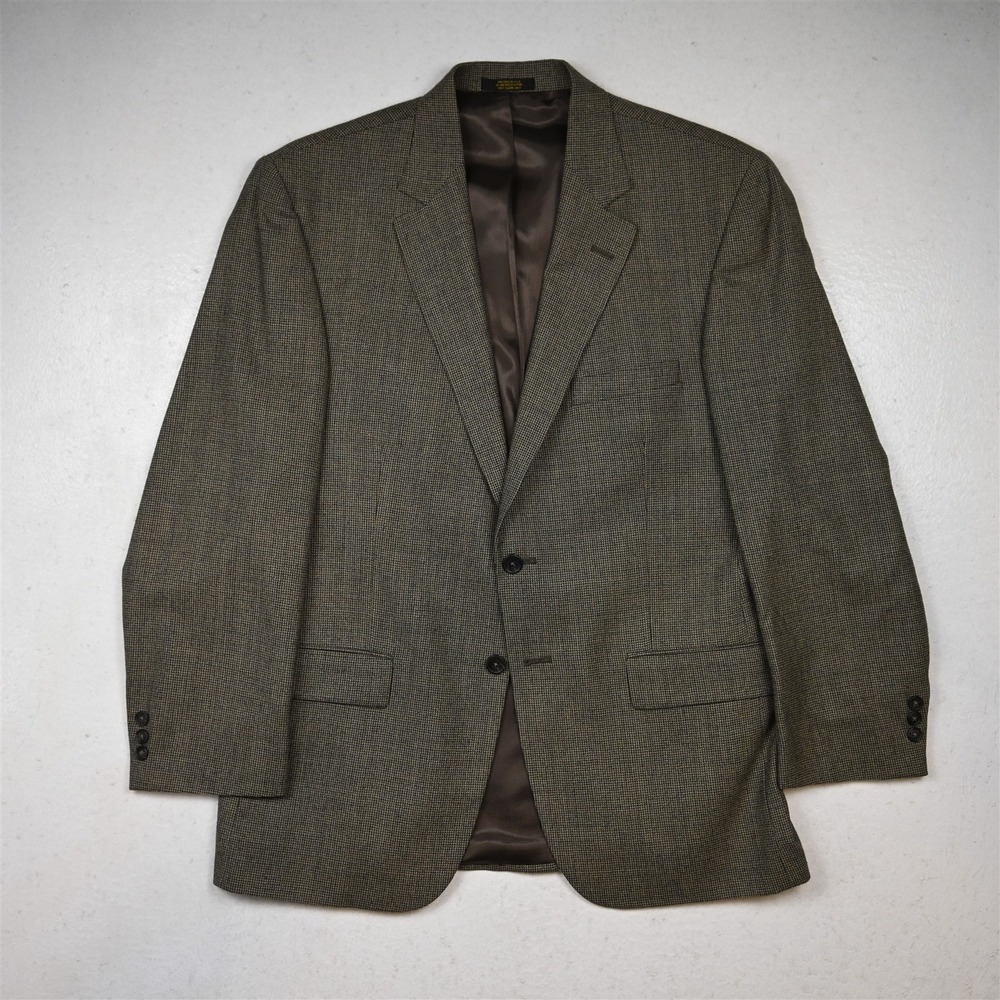 Vtg‎ USA 42R Tan Brown Houndstooth Wool Flannel Mens Blazer Jacket Sport Coat